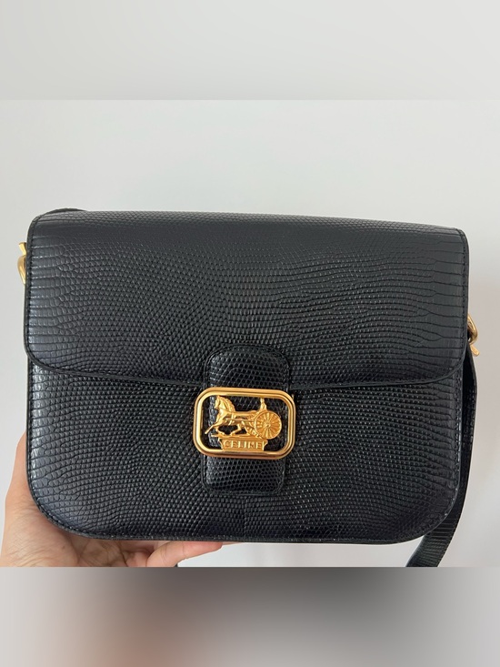 Celine Handbags - Celine Black Lizard-Embossed Leather Crossbody with Gold Carriage Plaque